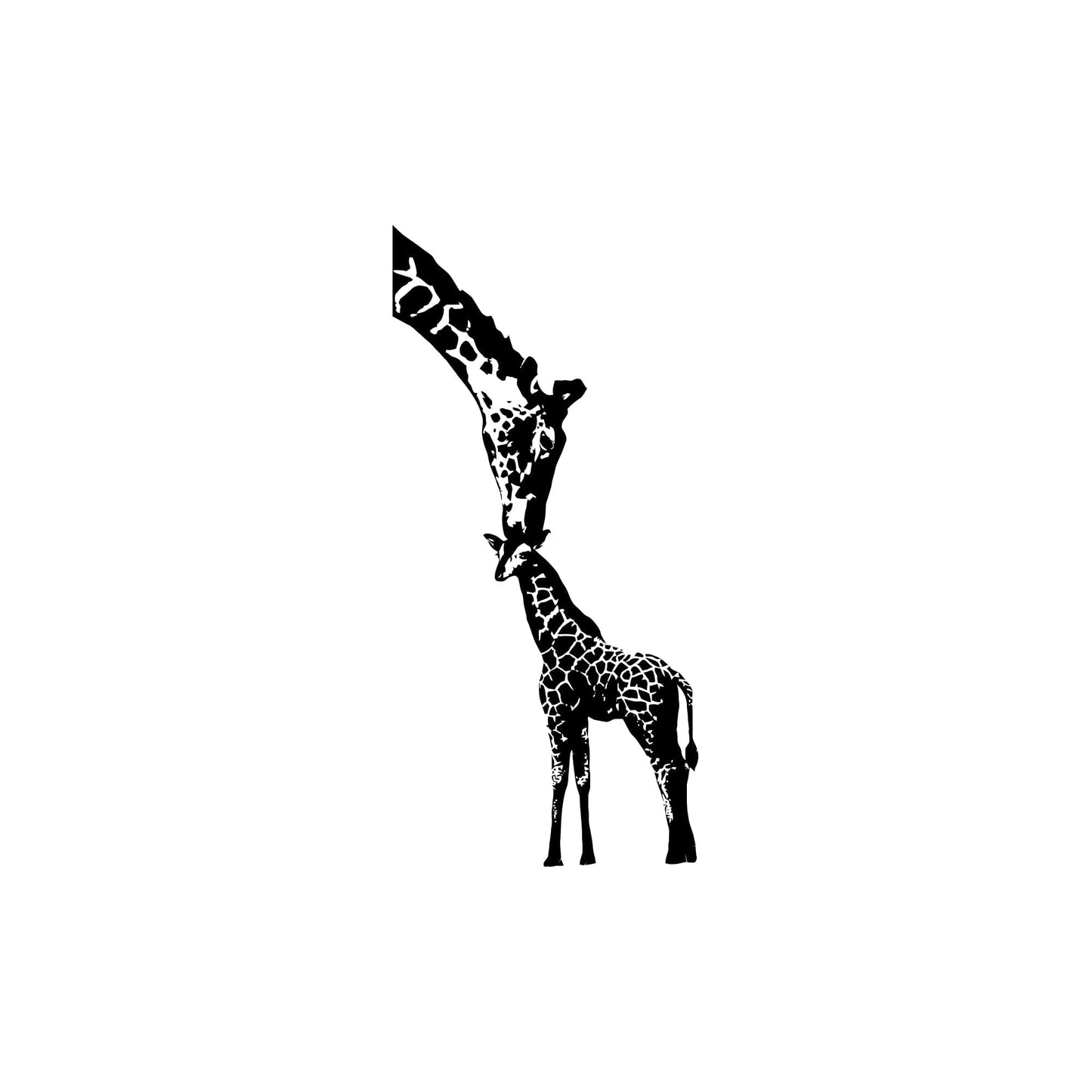 A black adult giraffe and a young giraffe decal on a white background.