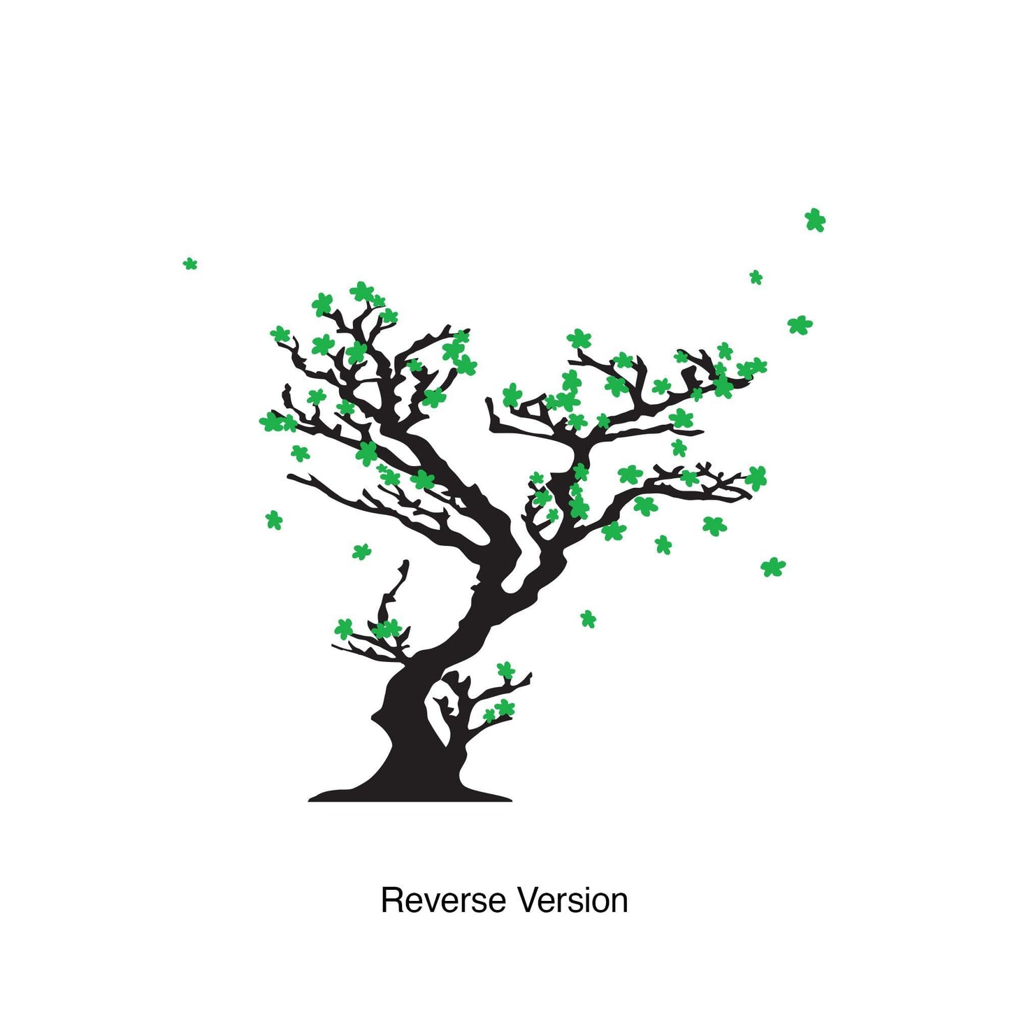 A black decal of a cherry blossom tree with green flowers on a white background.