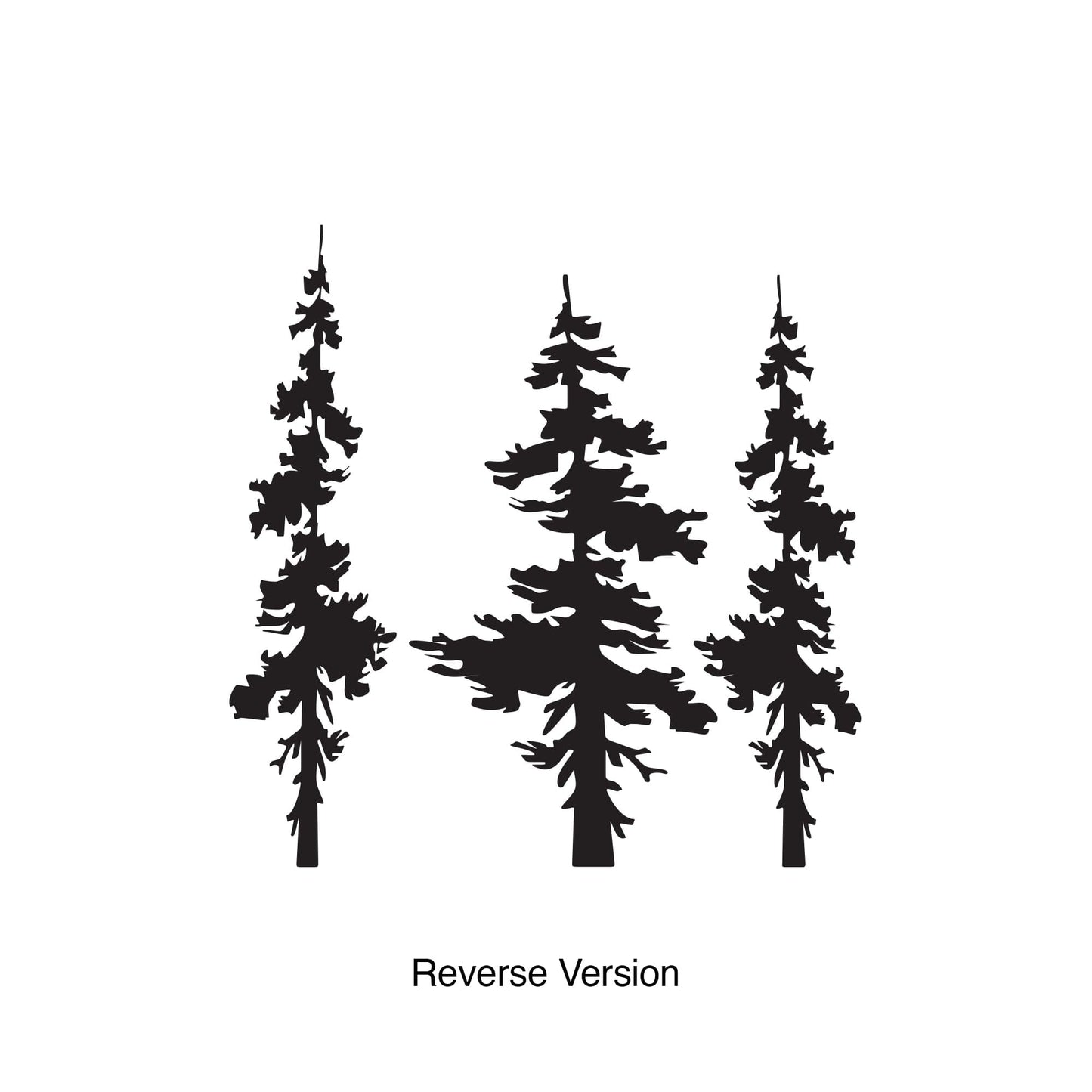 A black decal of three pine trees on a white background.