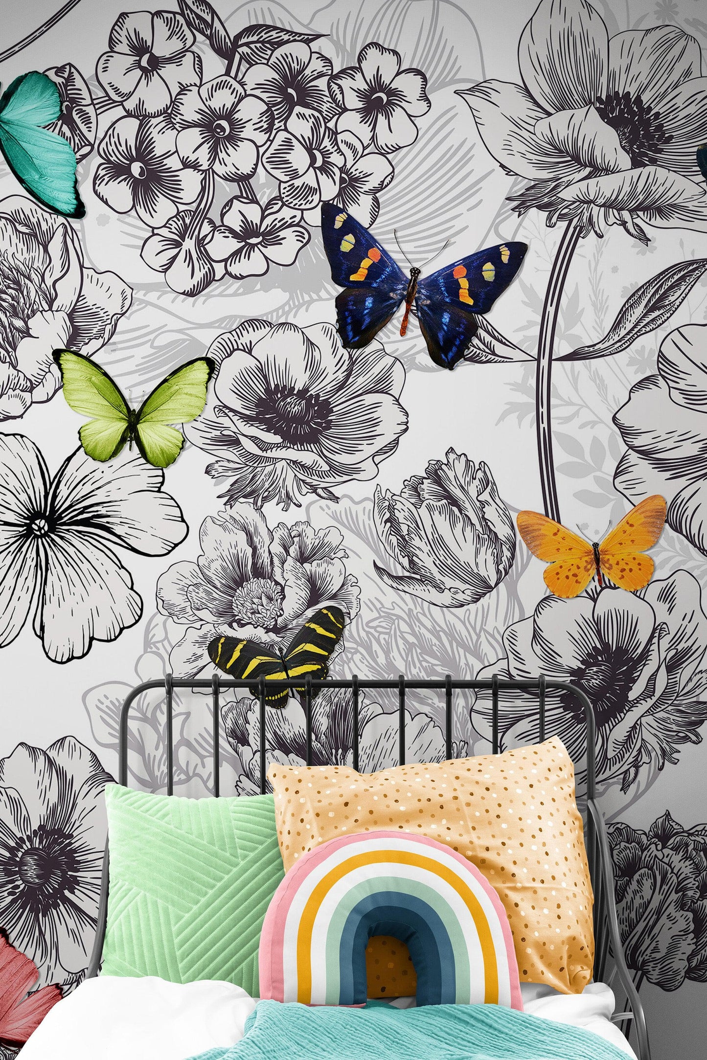 Butterflies in Flower Garden Wall Mural. Retro Black and White Illustration Floral Design. #6320