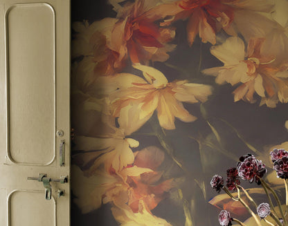(Clearance) Vintage Dark Background with Yellow Flowers Botanical Wallpaper. #6497-108x96