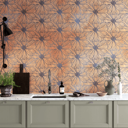 Flower Wallpaper - Botanical Wallpaper - Wildflower Nature Pattern - Floral Peel and Stick Wall Mural. Peach Color Blossom Flower Mural. #6559