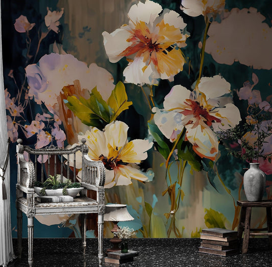 Flower Blossoms Wallpaper. Floral Oil Painting Peel and Stick Wall Mural. #6664