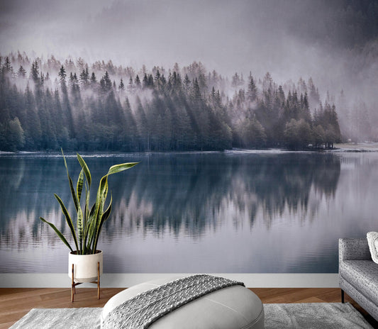 Pine Trees Forest Lake View Wall Mural Wallpaper. #6754
