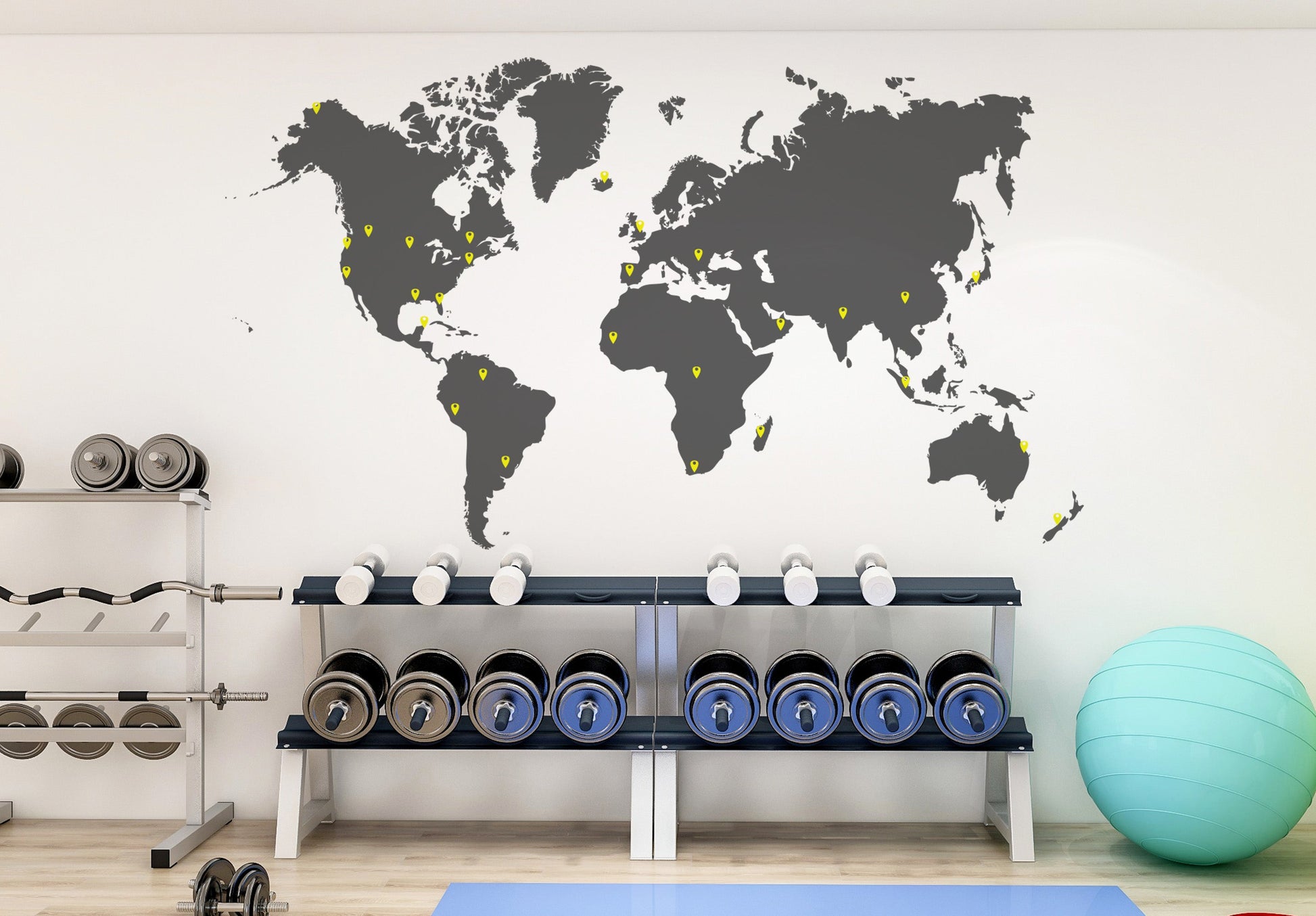 A gym room with a world map on the wall