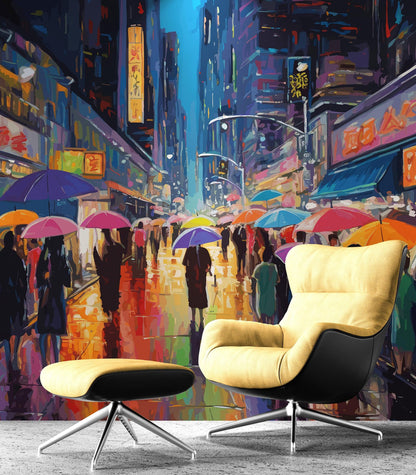 Raining Cityscape Wallpaper Mural - Abstract Color Mural. #6762