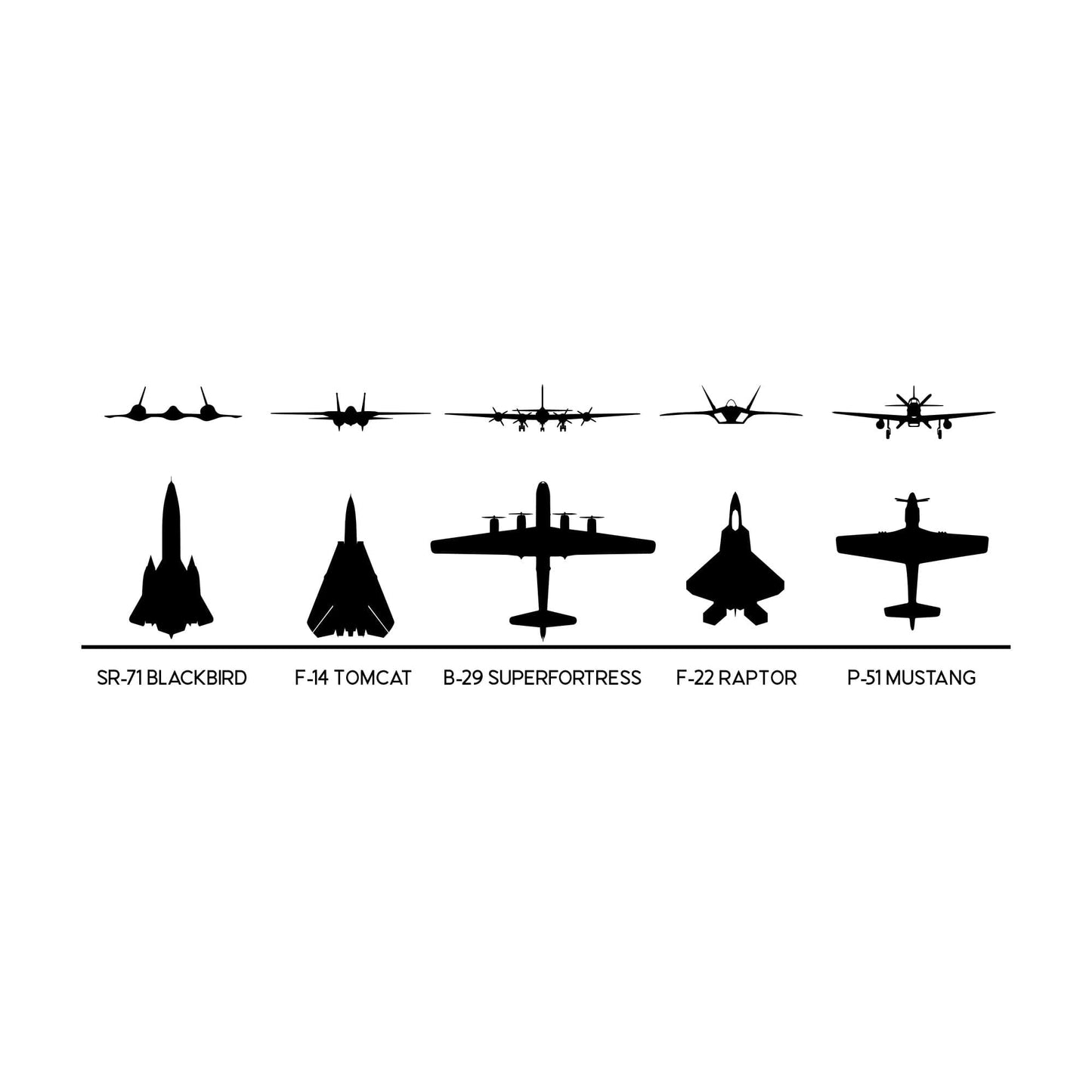 SR-71 Blackbird, F-14 Tomcat, B-29 Superfortress, F-22 Raptor, P-51 Mustang Military Fighter Jets Wall Decal Stickers. #6719