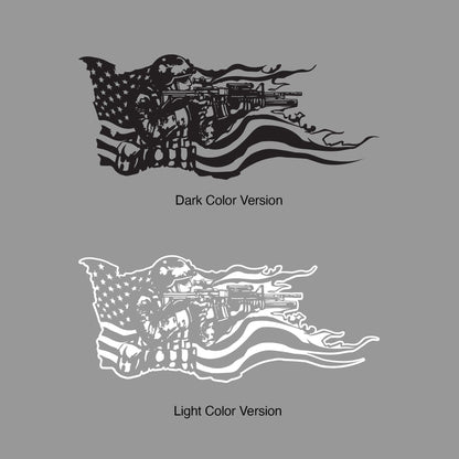 Two decals showing a soldier holding a gun and the American flag behind him. Above is the black decal version and below is the white decal version. Both are on a gray background.