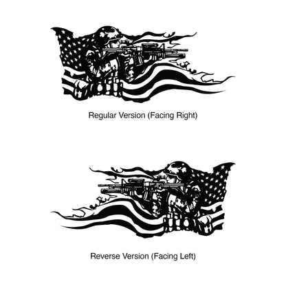 Two black decals on a white background showing a soldier holding a gun and the American flag behind it. 