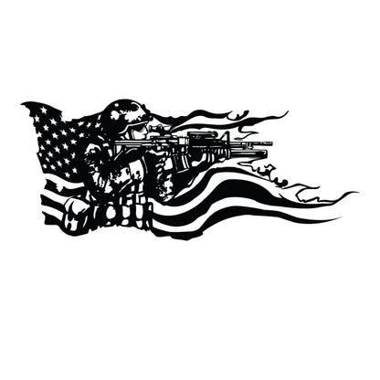 A black decal on a white background showing a soldier holding a gun and the American flag behind it. 