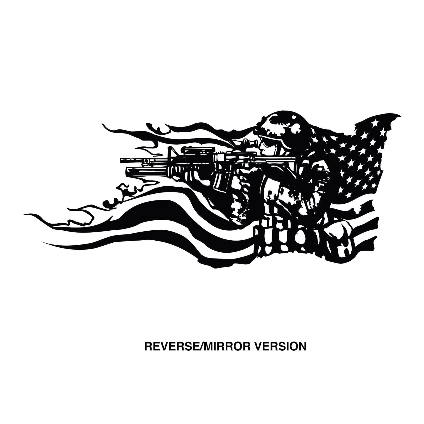 A black decal on a white background  showing a soldier holding a gun and the American flag behind it. 