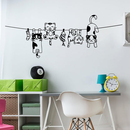 Cute Playful Cats Hanging on String Wall Decal Sticker. #6760