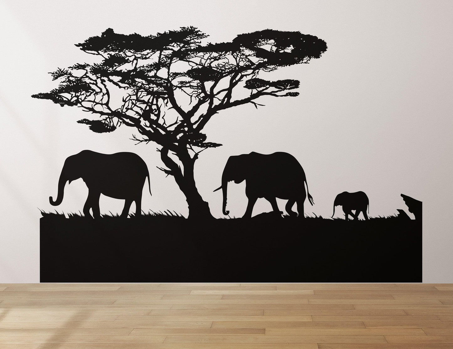 African Safari Theme Wall Decal Sticker on a white wall with wooden flooring.