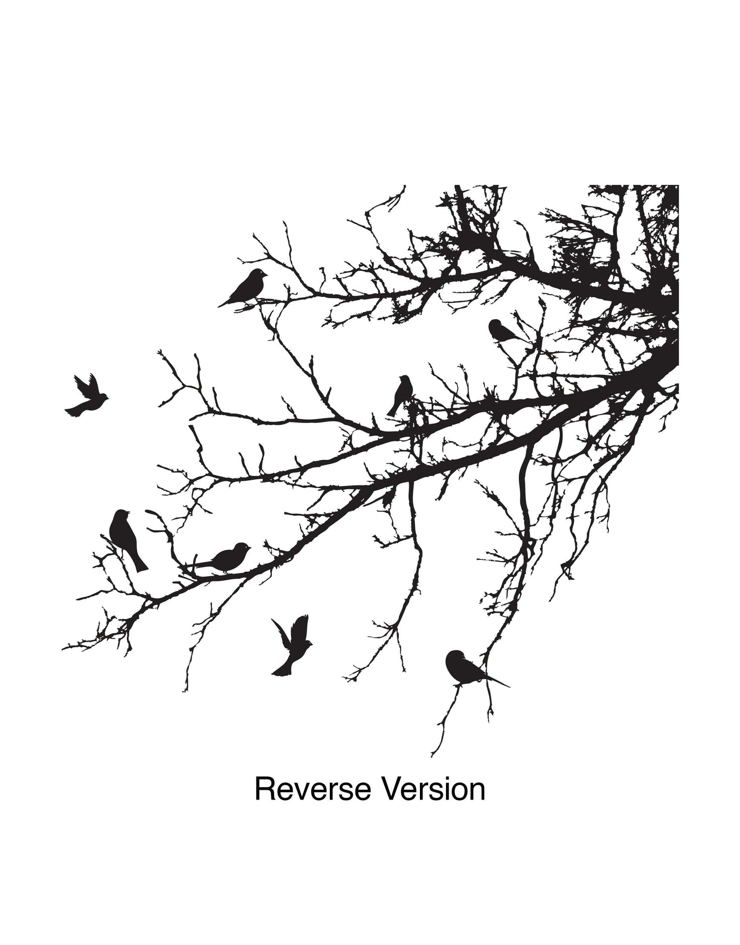 Black decal of 8 birds on tree branches on a white background.