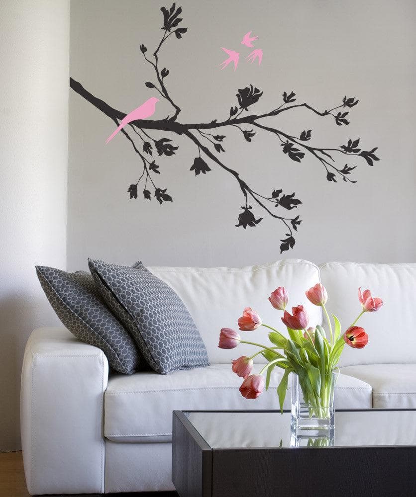 Springtime Flying Birds on Tree Branch Vinyl Wall Decal Sticker. #1010
