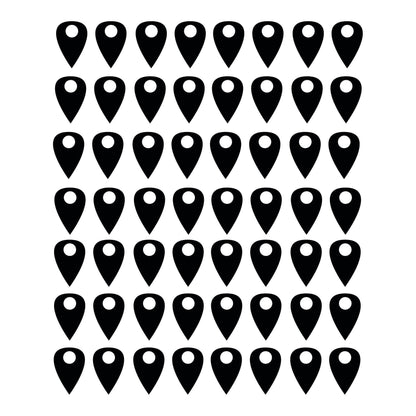 Black pins on a white background.