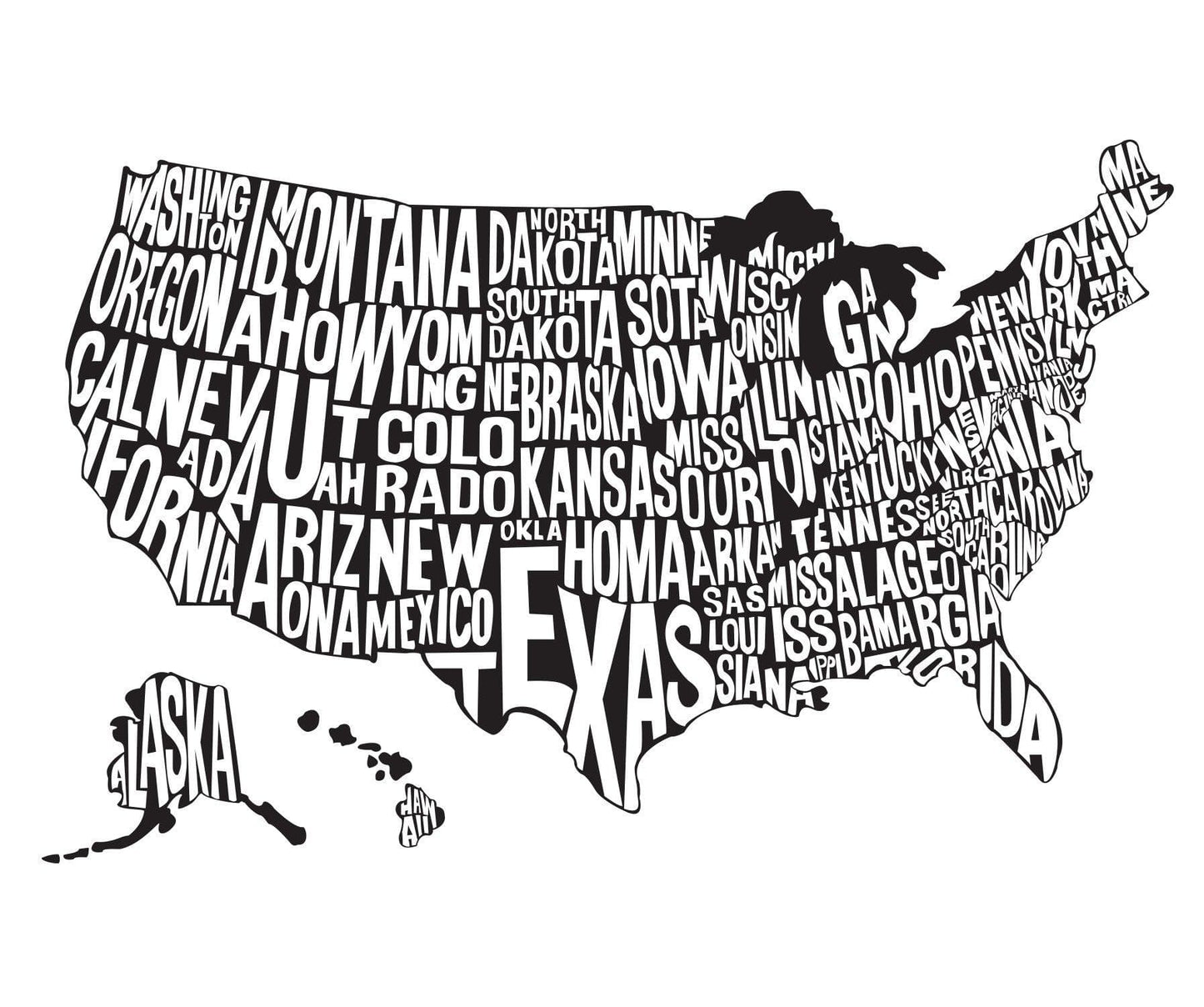 A black decal of the US map with state names on a white background.