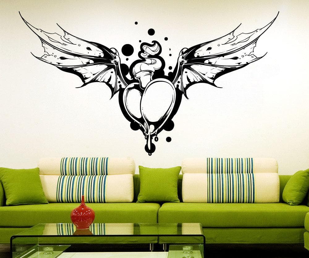 Vinyl Wall Decal Sticker Flaming Heart With Bat Wings #1471
