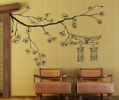 Vinyl Wall Decal Sticker Cherry Blossom Branch And Torii #1512
