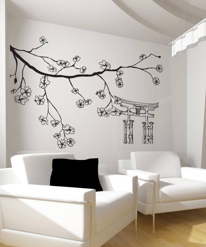 Vinyl Wall Decal Sticker Cherry Blossom Branch And Torii #1512