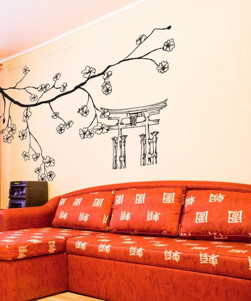 Vinyl Wall Decal Sticker Cherry Blossom Branch And Torii #1512