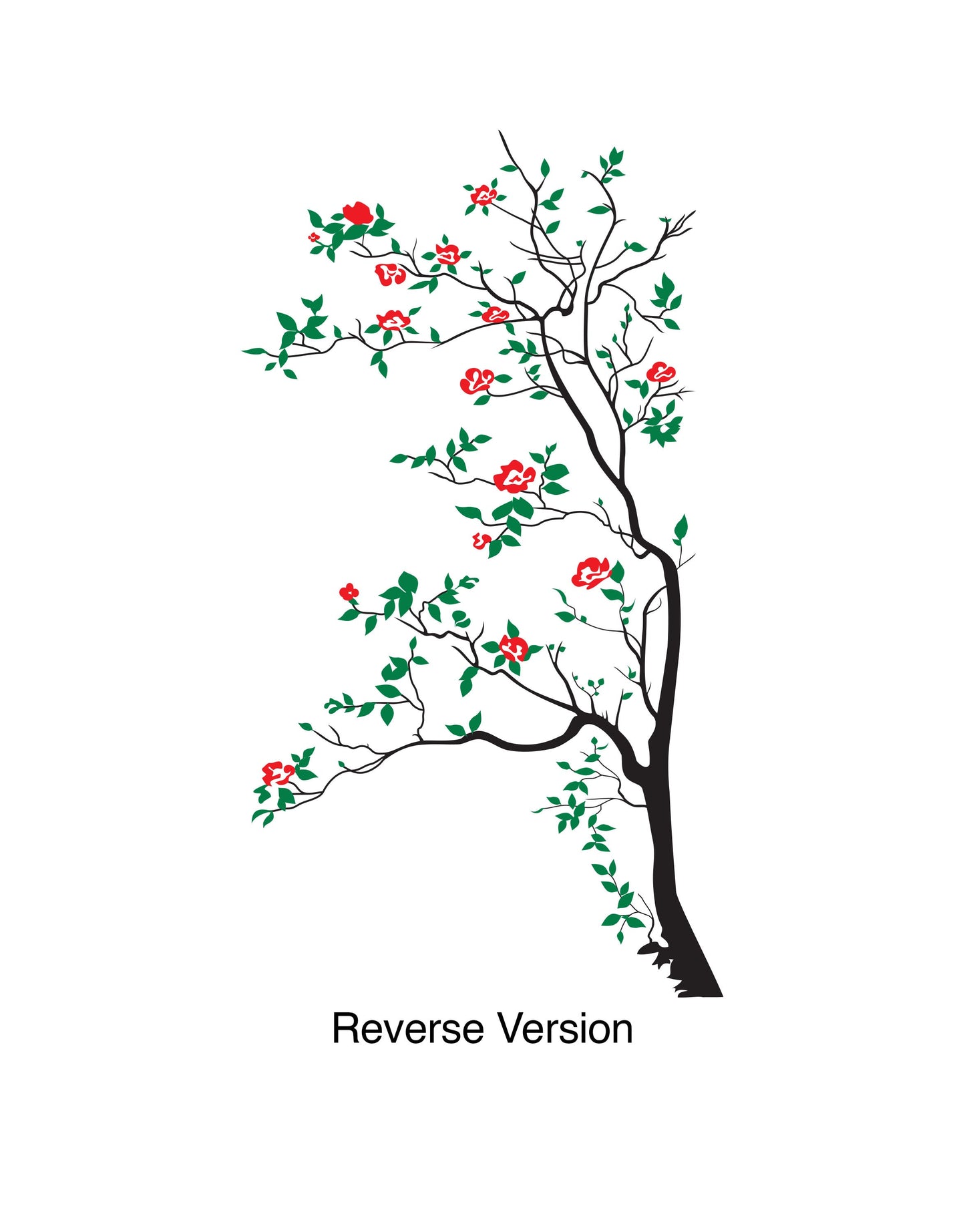 A black tree decal with green leaves and red flowers on a white background.