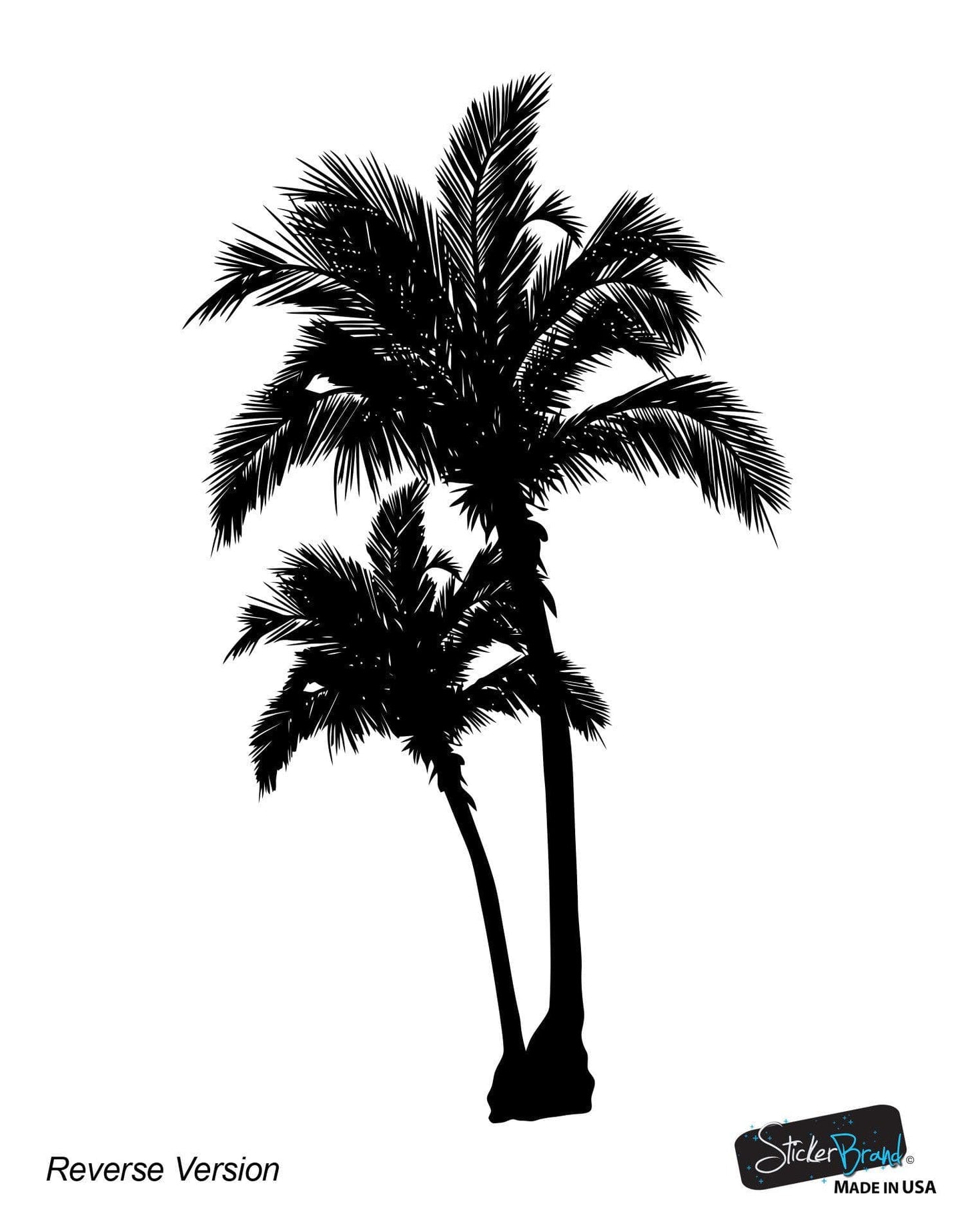 A black decal of a palm tree on a white background.