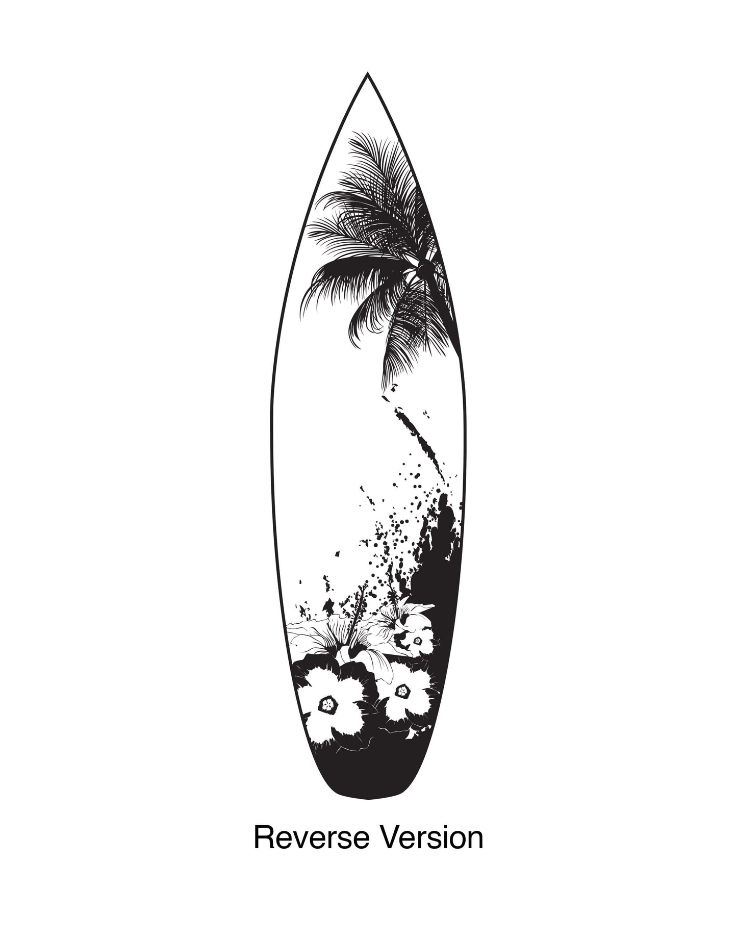 A black decal of a surfboard on a white background.