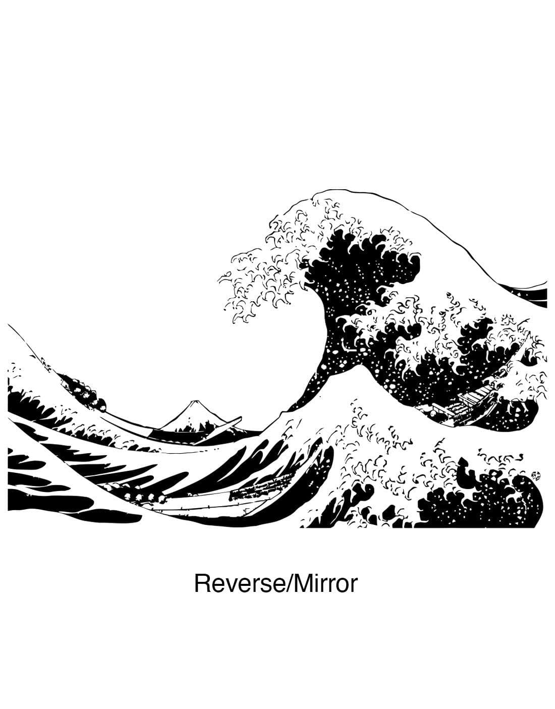 The Great Wave wall decal on a white wall in a living room.