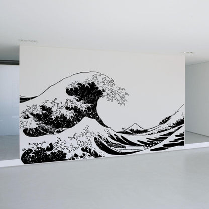 The Great Wave wall decal on a white wall.
