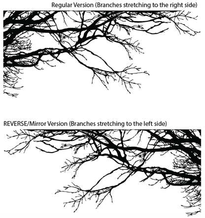 Two black tree wall decals on a white background, one facing left and the other facing right.