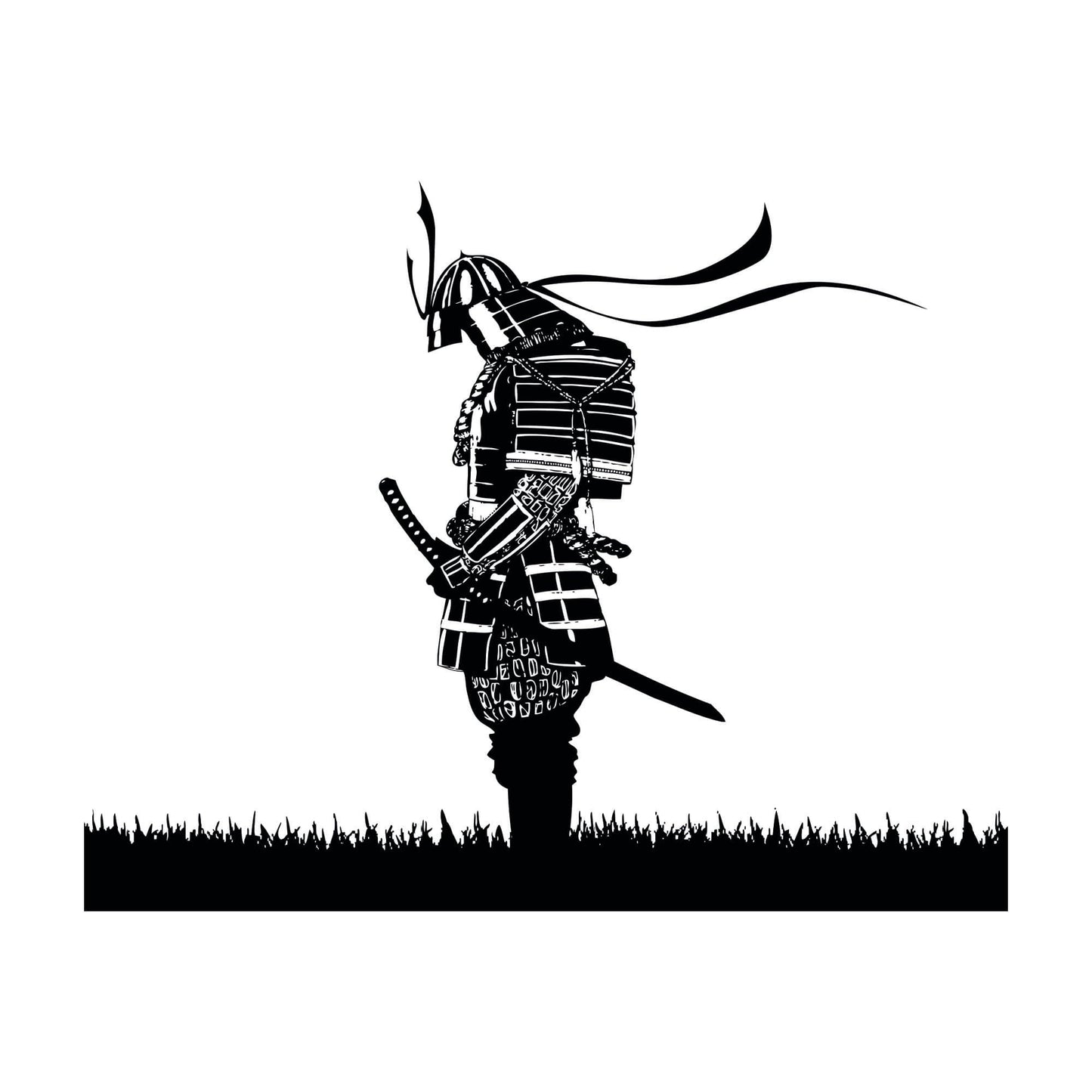 A black decal of a samurai on a white background.