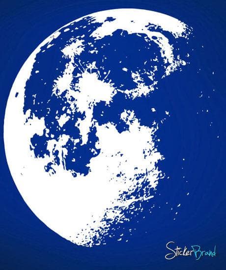 White moon decal on a blue wall.