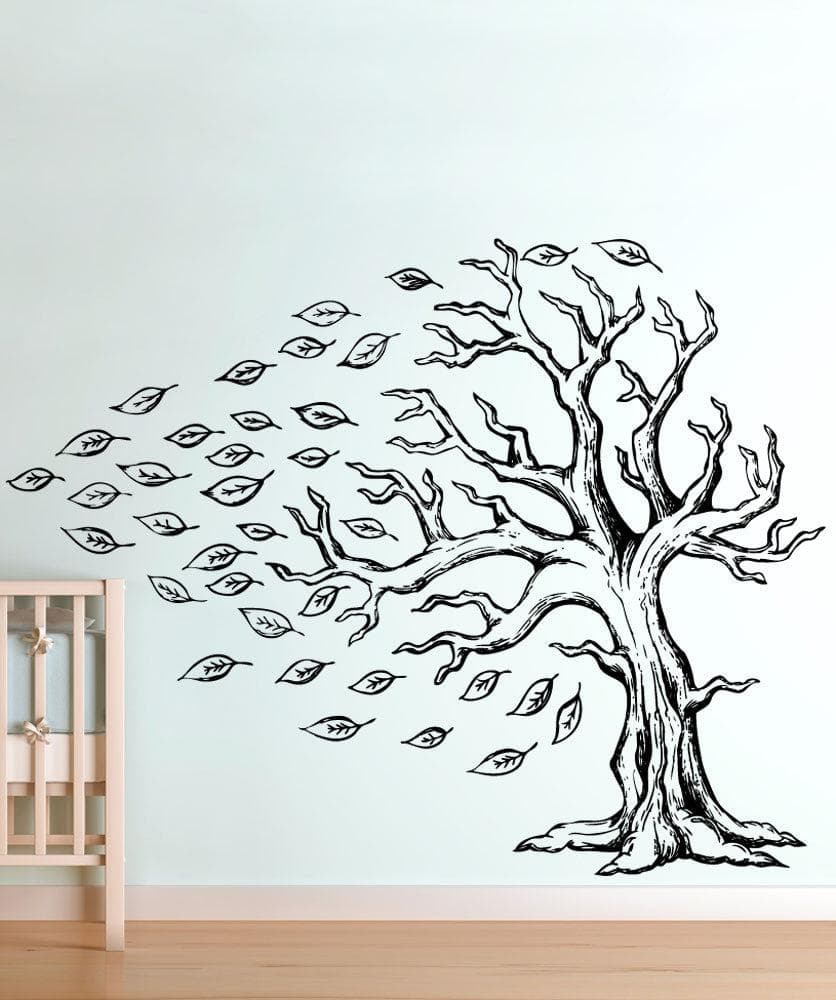 Vinyl Wall Decal Sticker Tree With Flying Leaves #5350