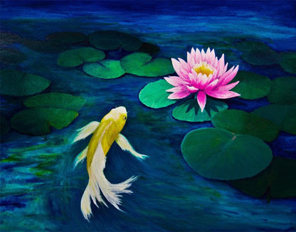 Koi Fish with Pink Water Lily Painting Wall Mural. #6000