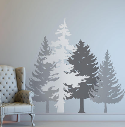 Cluster of 4 Winter Forest Trees Wall Decal Sticker. Grey Color Trees. Nursery Room Wall Decor. #6095