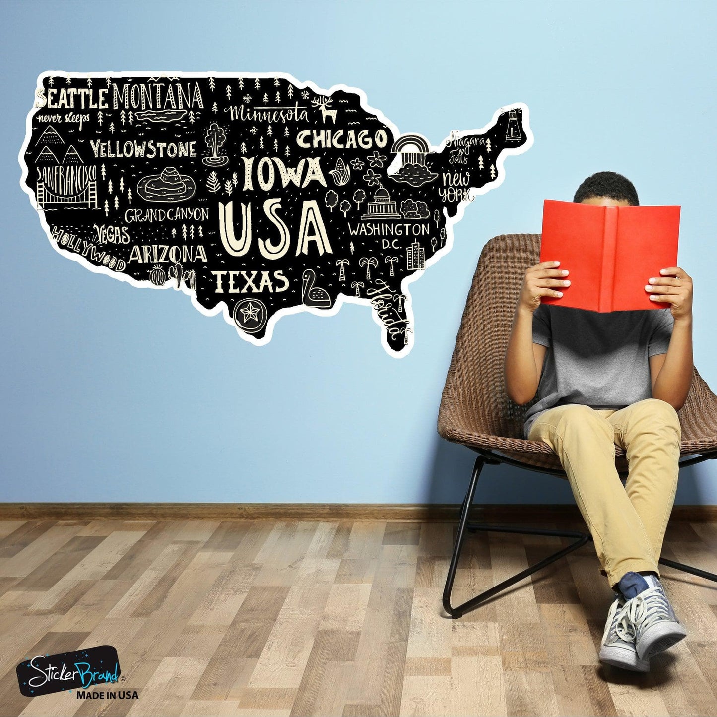 Hand Drawn Illustration of USA Map Graphic Wall Decal Sticker. #6104