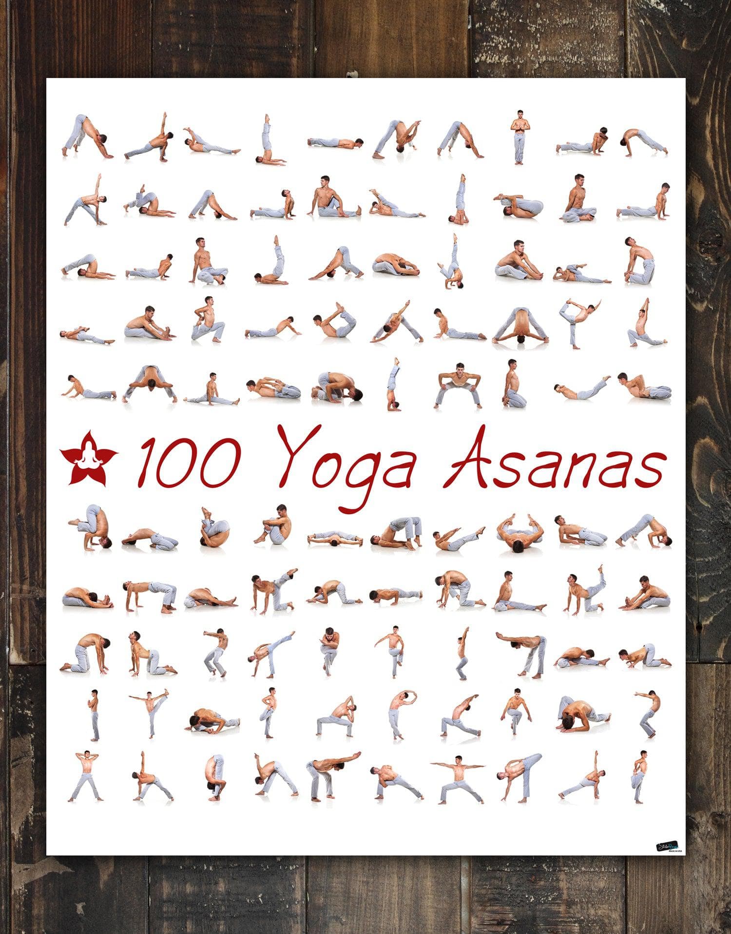 100 Yoga Poses Asanas Poster. Instructional Graphic Poster for
