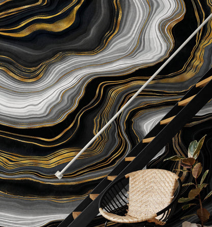 Black and Gold Abstract Marble Stone Pattern Peel and Stick Wallpaper. #6146