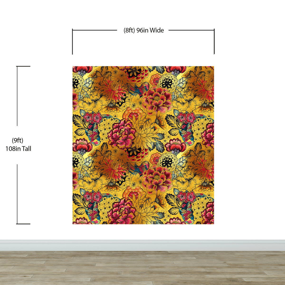 Japanese Art Koi Fish Peel and Stick Wallpaper. Gold Flowers Background. Removable Wall Mural #6192