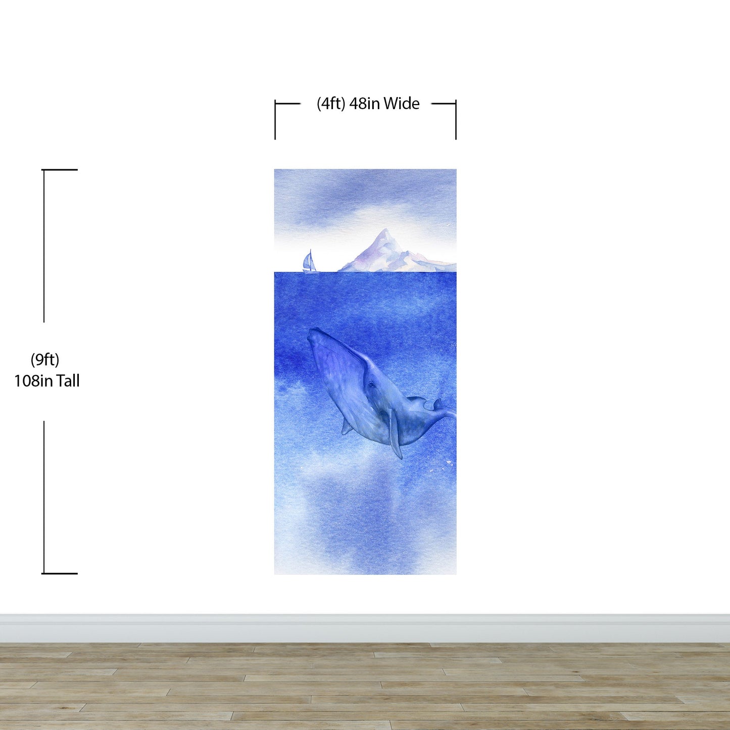 Whale in Ocean Wall Mural. Watercolor artwork of whale, island and sailboat. Peel and Stick Wallpaper. #6197