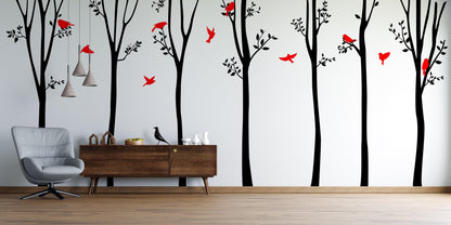 Timberland Forest Trees with Flying Birds Vinyl Wall Decal. #6263