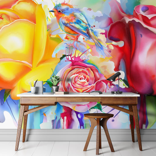 Colorful Bird and Roses Flower Watercolor Artwork Wall Mural. Removable Peel and Stick Wall Mural. #6275