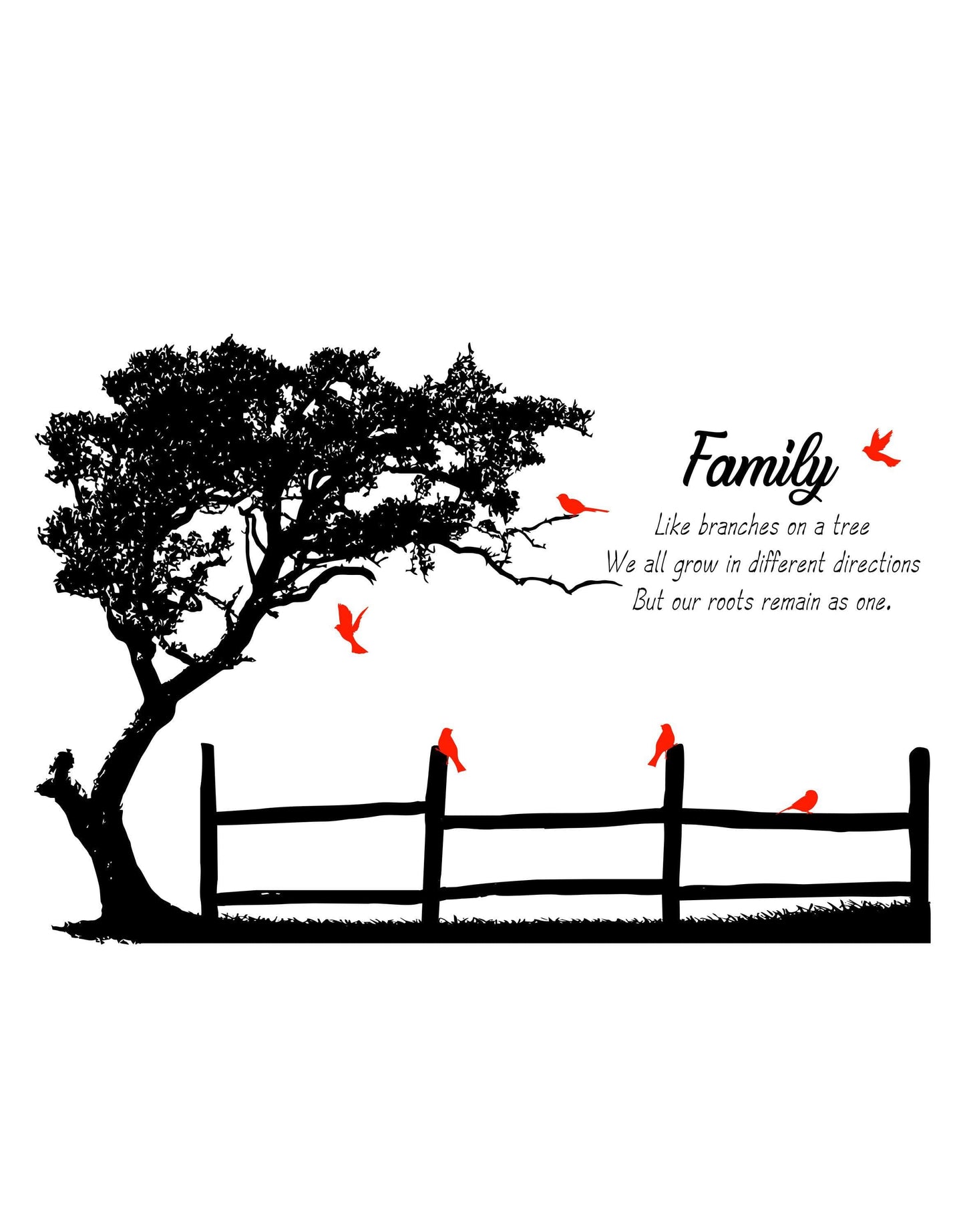 Like Branches on a Tree, We all grow in different directions But our roots remain as one Motivational Family Quote Vinyl Wall Decal. Tree with Birds. #6278