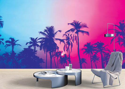 Miami Tropical Palm Tree Vice Color Wall Mural. Bright Miami Vice Blue and Fuchsia Colors. #6281