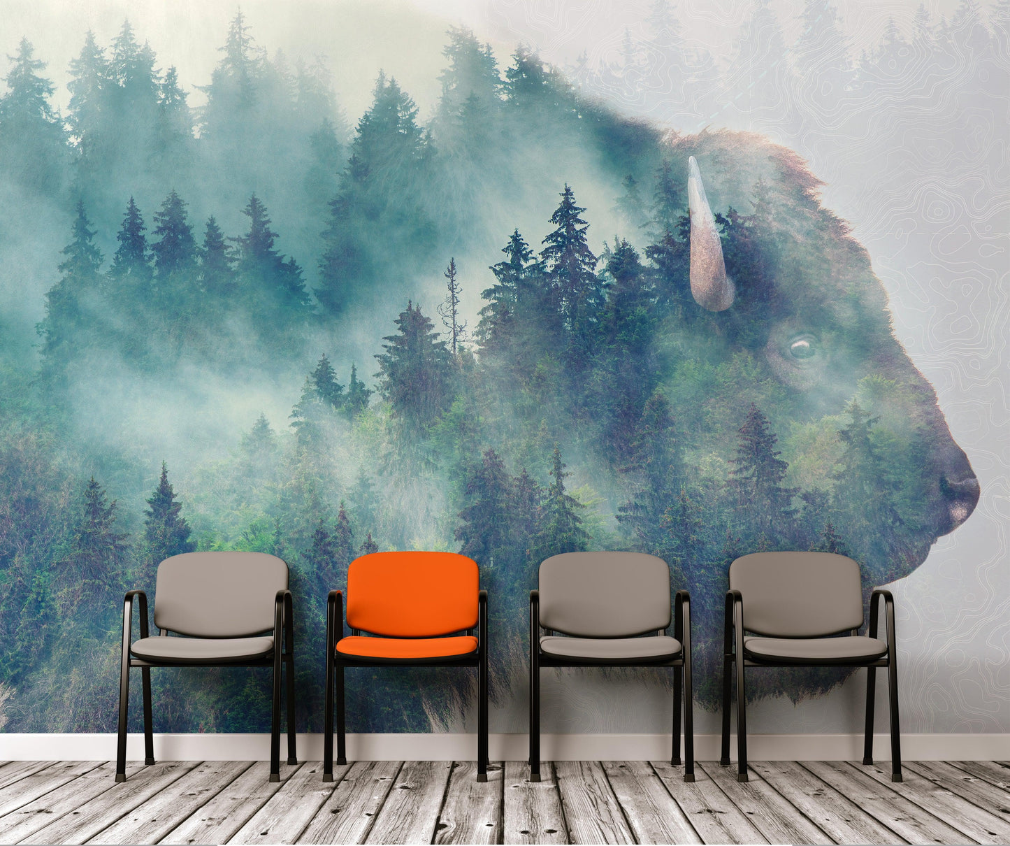 Foggy Mountain Forest View with Bison Buffalo Overlay Natural Scenery Wall Mural #6282.