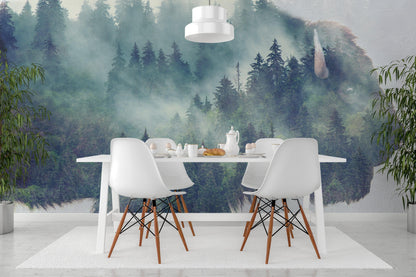 Foggy Mountain Forest View with Bison Buffalo Overlay Natural Scenery Wall Mural #6282.