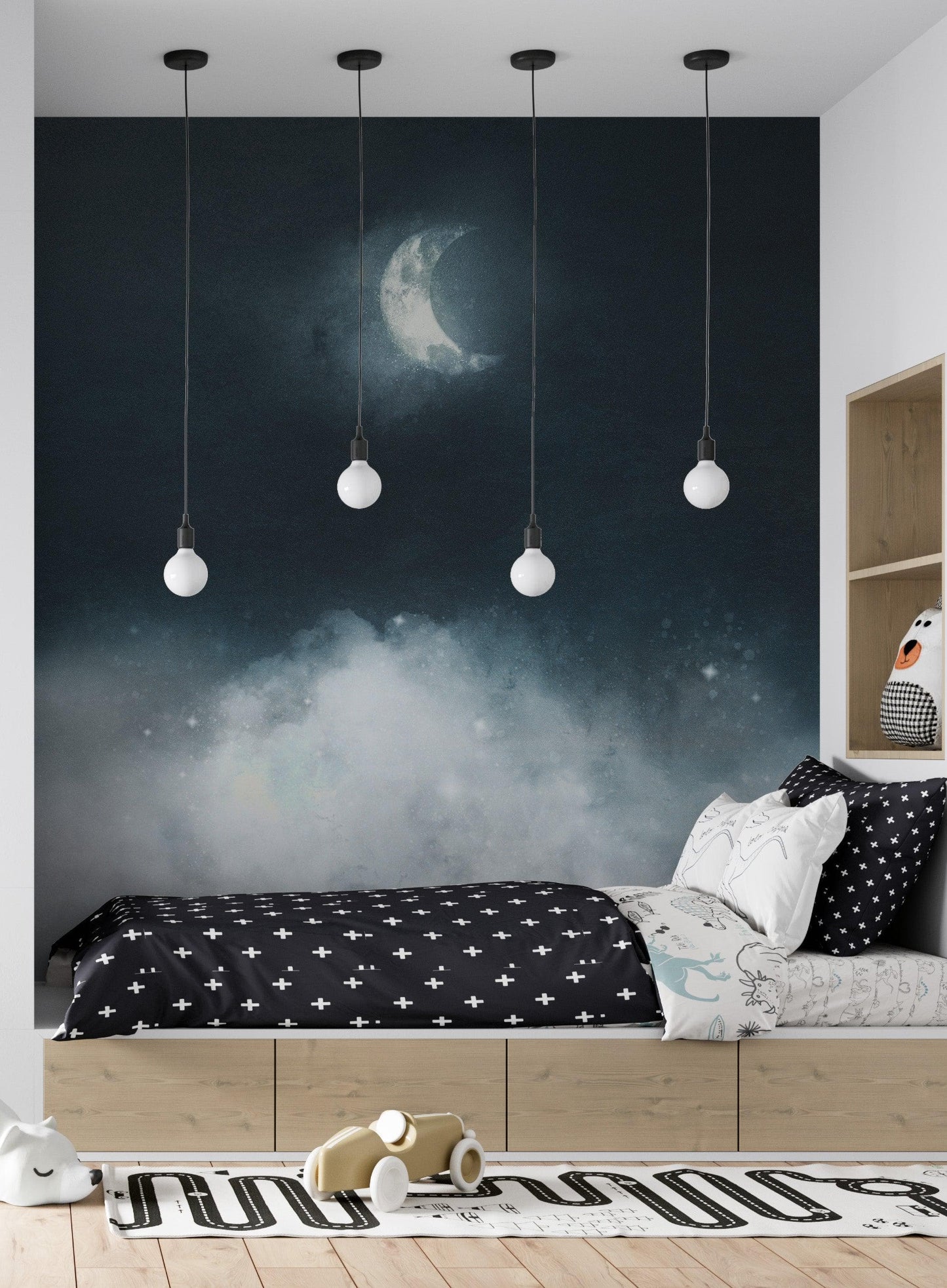 Crescent Moon Shining Over Misty Clouds Wall Mural. Peel and Stick Wallpaper. #6301