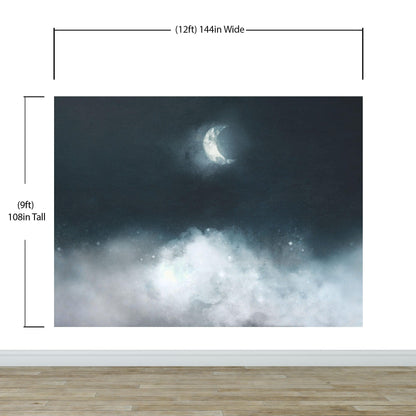 Crescent Moon Shining Over Misty Clouds Wall Mural. Peel and Stick Wallpaper. #6301