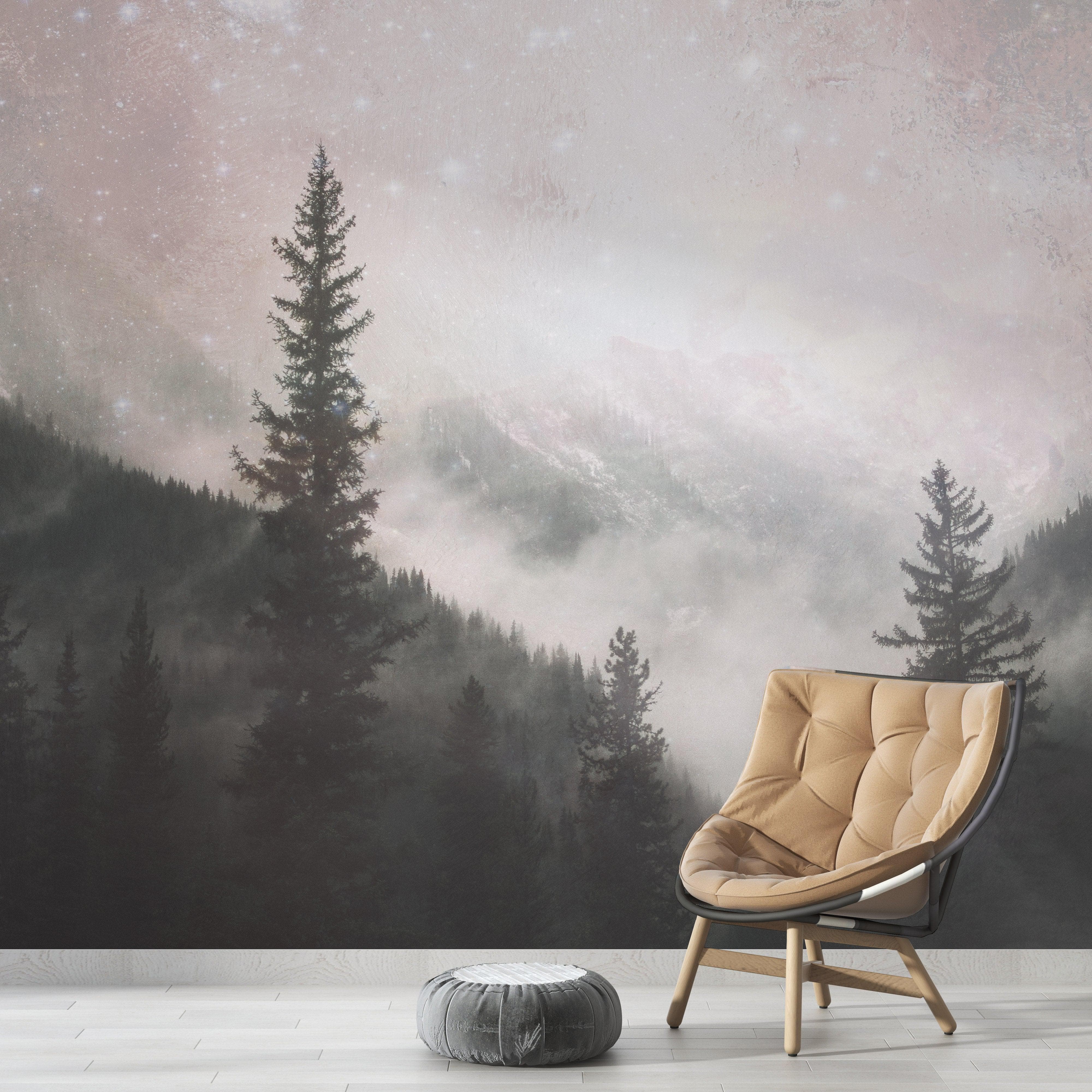 Grey green misty pine forest landscape Wall Mural